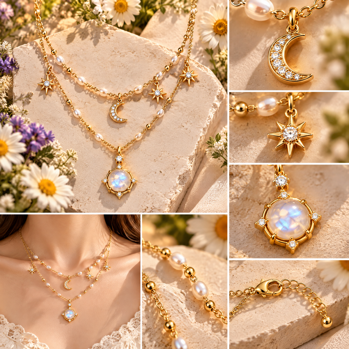 nrrcd™ Starlit Meadow Layered Celestial Necklace — detail close-up