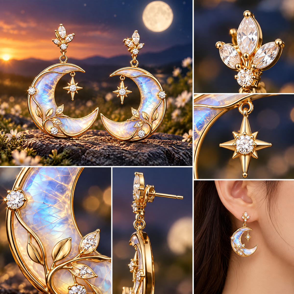 nrrcd™ Moonlit Crescent Opal-Effect Drop Earrings — detail close-up