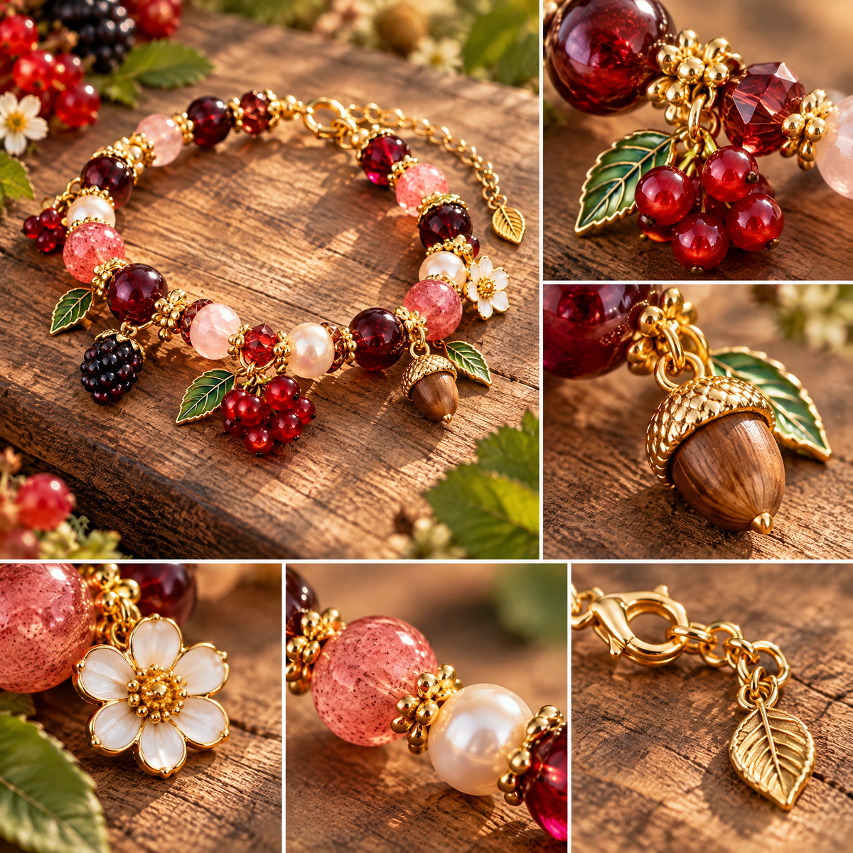 nrrcd™ Woodland Berry & Acorn Charm Bracelet — detail close-up