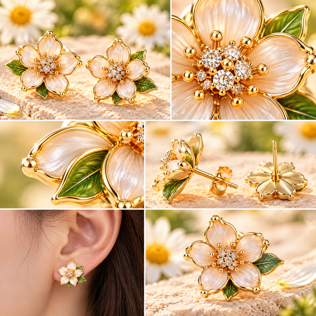 nrrcd™ Ivory Wildflower Crystal Stud Earrings — detail close-up